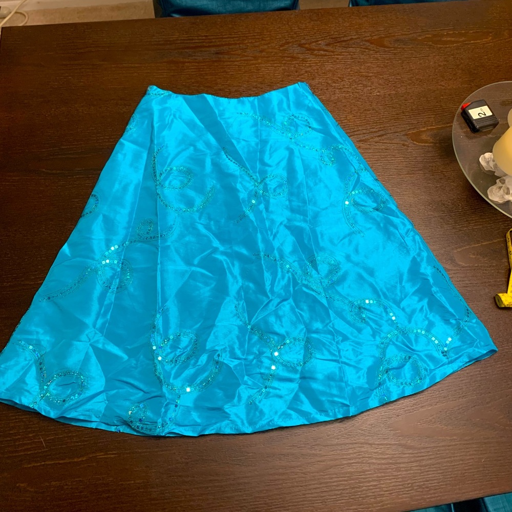 Turquoise Blue Polyester Satin A-Line Skirt with Sequin Swirl Design Size Medium